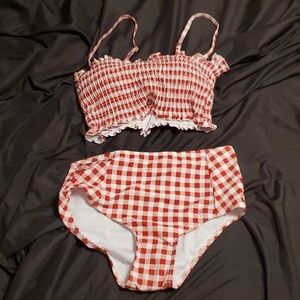 Red/peach Gingham Bandeau High-Waisted Bikini